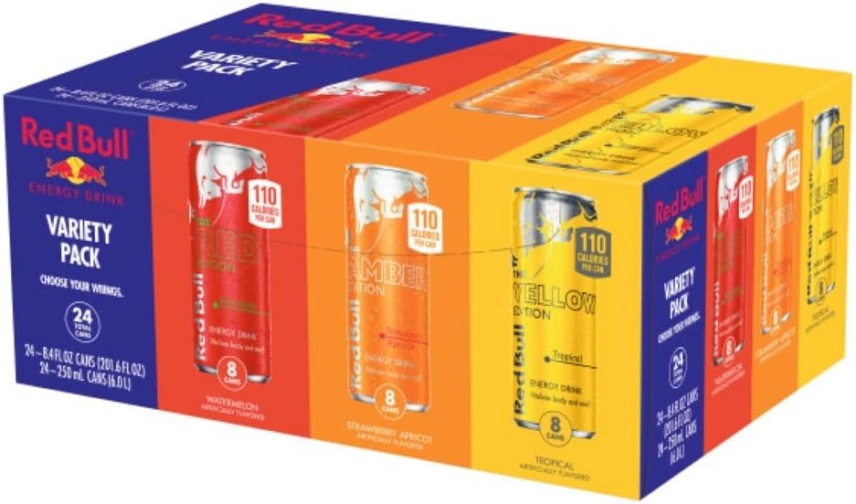 Red Bull Energy Drink Variety Pack, Red, Yellow & Amber, with 80mg Caffeine plus Taurine & B Vitamins, 8.4 Fl Oz, Pack of 24 Cans
