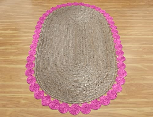 Tapis à tissage plat rose et beige ovale en jute pour intérieur - 5