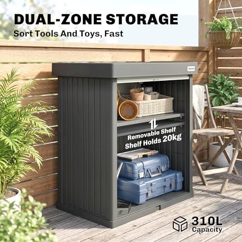 Outsunny 82 Gallon Outdoor Storage Cabinet, Plastic Storage Shed with Roll up Door and Removable Shelf, UV Resistant Garden Storage Container for Patio, Porch, Grey — view 3