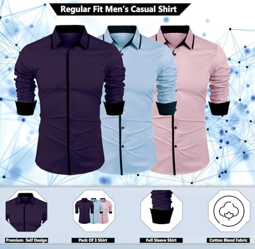 Image of Zombom Combo of Men's Cotton Blend Solid Regular Fit Casual Full Sleeves Shirts (Pack of 3)
