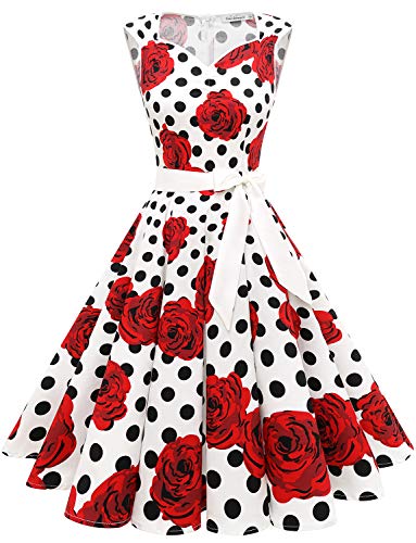 Gardenwed Mujer Retro Años 1950s Vintage Vestido de Cóctel Vestidos Corto Fiesta 50s 60s Rockabilly White Rose Dot S