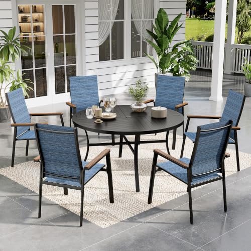 Image of Sophia & William Round Patio Dining Set for 6 with Aluminum Chairs, Blue | Metal table, Stackable sling chairs, Breathable & quick-drying, Light-weight & space-saving, Umbrella Hole, Outdoor, 7 piece