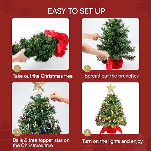 Joiedomi 24"/2FT Mini Christmas Tree Tabletop Set with Clear LED Lights, Artificial Mini Christmas Tree with Star Treetop and Hanging Ornaments, Best DIY Xmas Decorations - Image 5