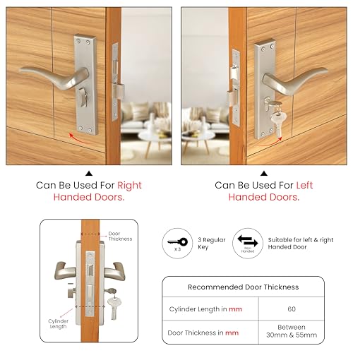 Image of LAPO Mortise Door Lock for Home Main Door & Bedroom with Handle | 3 Brass Keys | Heavy-Duty 60mm Cylinder | 45x45mm Body | Left-Right Fit 30-50mm Door Home Office Hotel | Matt Finish | CY-101