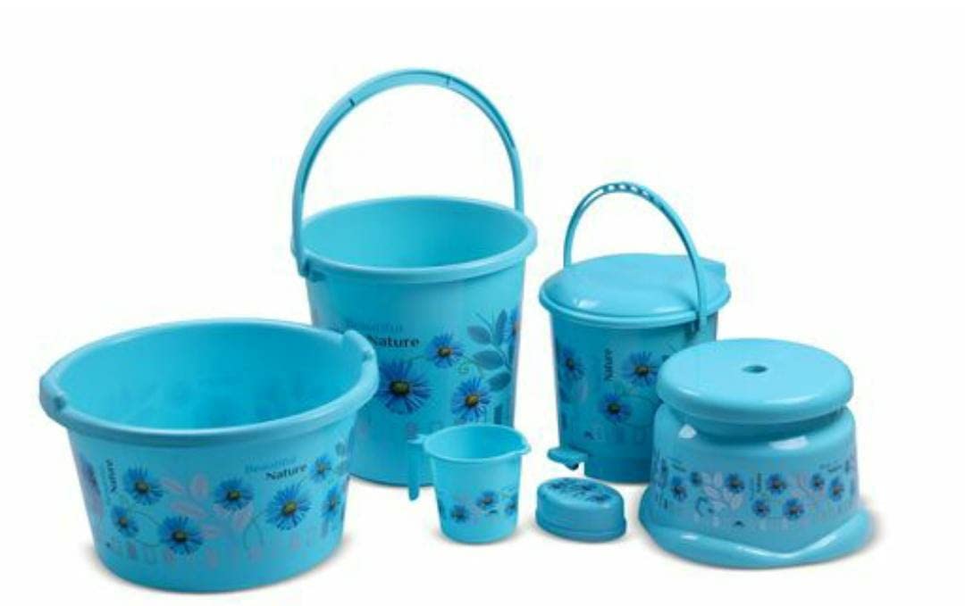 Unik Mart Plastic Bathroom Set 06 Pieces Heavy Duty, Large Capacity (20 LTR Tub, 20 LTR Bucket, Patla, Dustbin 10 LTR, Mug 1.5 LTR, Soap) (Blue)
