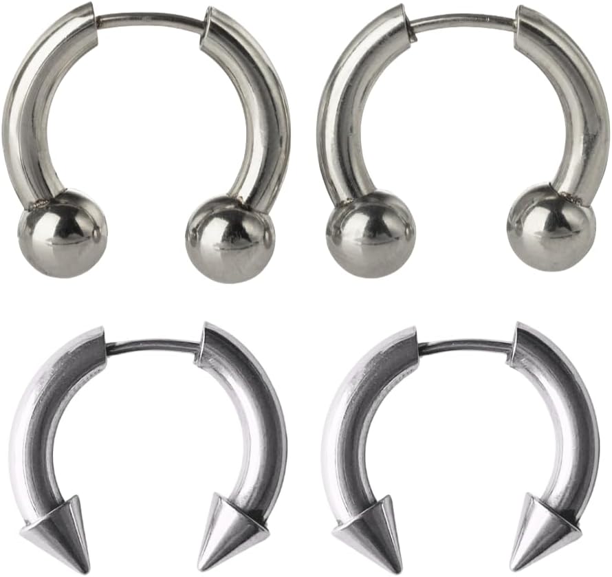 Pierced Owl Set of 2 Pairs of 18GA Stainless Steel Faux Stretched 8GA Spike and Ball Ends Horseshoe Barbell Earrings