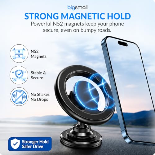 Image of Bigsmall MagSafe Compatible Car Mobile Holder Magnetic Dashboard Phone Mount with 360 Rotation | Strong Magnet Car Phone Stand for iPhone & Smartphones | Black (Pack of 1)