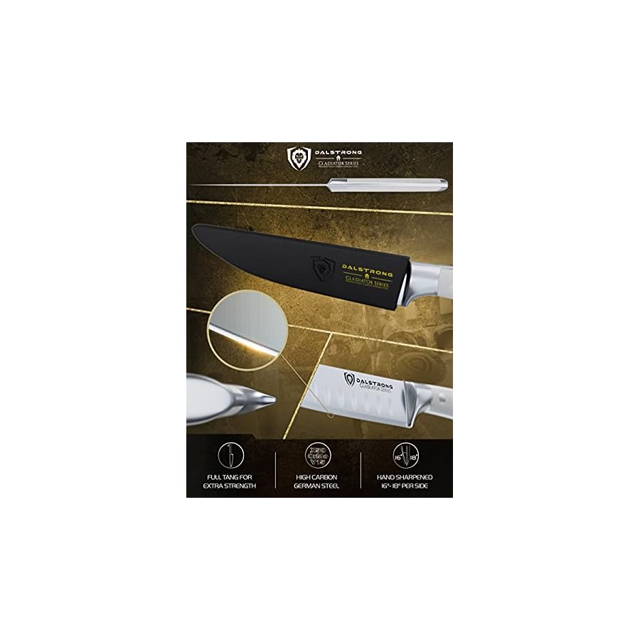 Dalstrong-Steak-Knives-Set-of-4-5-Straight-Blade-Edge-Gladiator-Series-Forged-German-High-Carbon-Steel-wSheaths-Glacial-White-ABS-Handle-NSF-Certified Dalstrong Steak Knife Set-4-5 Straight Blade Edge-Gladiator Series-Forged German High-Carbon Steel-w/Sheaths-Glacial White ABS Handle-Dinner Set Kitchen Knives