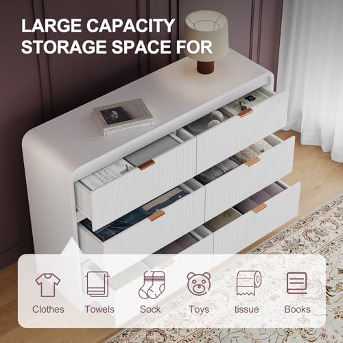 FURSUN Fluted 6 Drawers Dresser for Bedroom, 54" Wide Wooden Dresser with Metal Handle, Curved Profile Design, Modern Storage Organizer for Living Room, Hallway (White)