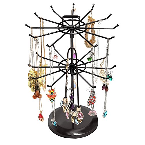 MyGift 2 Tier Black Metal Rotating Necklace tree stand for vendor & bracelet holder Jewelry Stand with 24 Hooks Multipurpose Accessory and Keychain Spinning Display with Top Handle Card organizer