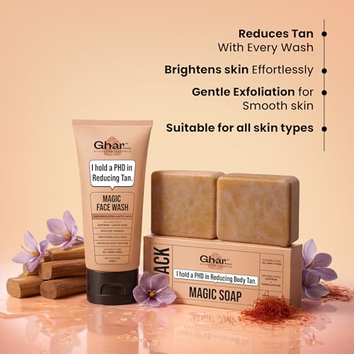 Image of Ghar Soaps Magic De-Tan Face Wash & Sandalwood Saffron Magic Bar Combo Pack of 2 | With Sandalwood, Saffron & Glutathione | Tan Removal, Skin Brightening & Glowing Skin | Handmade & Paraben-Free