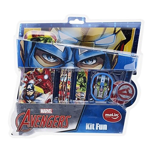 Molin Kit Fun Avengers - Blister com 7 Itens - Estojo Metálico, Lápis, Borracha, Apontador e Régua