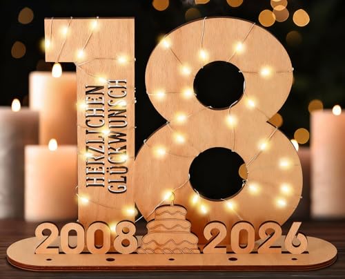 Giftota - 2026 Originelle 18 Geburtstag Geschenk Mädchen & Jungen - Geldgeschenke Geburtstag 18 mit LED Lichterkette Ständer - Holz-Schild Gästebuch - 18 Geburtstag Deko - Personalisierbares Geschenk