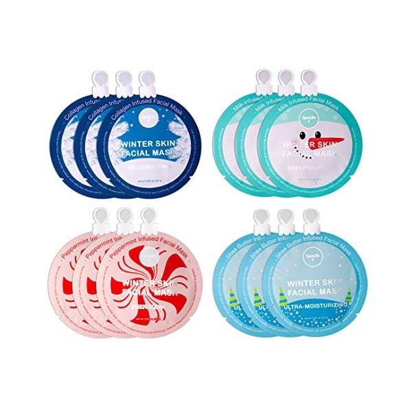 SpaLife Winter Skin Facial Mask 12-Count Set - Infused with 4 Skin-Loving Ingredients - Moisturizing and Hydrating Sheet Masks - Rejuvenating Spa Treatment for a Glowing Complexion