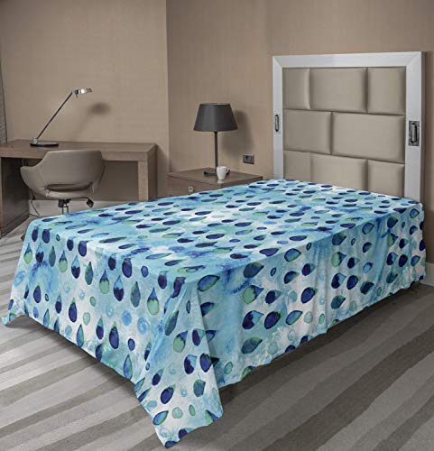 Ambesonne Navy and Teal Flat Sheet, Abstract Blue Watercolor Drops Aquarelle Art Rain Teardrop Quirky, Soft Comfortable Top Sheet Decorative Bedding 1 Piece, TwinXL Size, Turquoise Navy Blue