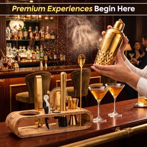 Image of O' Holic by Perch 10-Piece Bartender Kit with Mango Wooden Stand|Cocktail Shaker Gift Set with Jigger, Strainer, Spoon, Muddler,Pourers,Tongs & Corkscrew|Home Bar Accessories for Mixing Drinks(Golden)