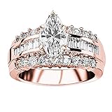 Houston Diamond District - 1.6 Carat t.w. GIA Certified Marquise Cut 14K Rose Gold Set Baguette and Round Engagement Ring (G-H Color VS1-VS2 Clarity Center Stones)