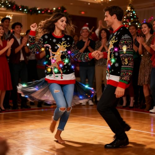 Fanient Women LED Light Up Ugly Christmas Sweater Snowflake Reindeer Xmas Sweater Built-in Light Bulbs Knitted Pullover - Image 5