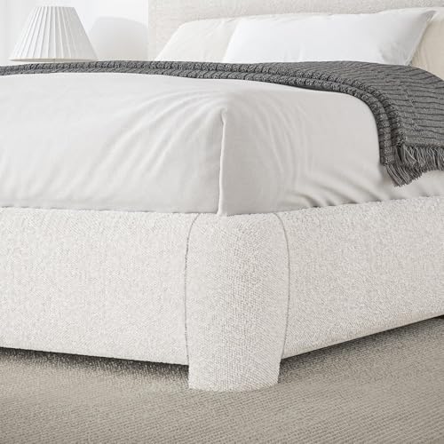 Image of BarnFurin Queen Bed Frame, Cloud Boucle Headboard, Rounded Corners, White | Soft boucle and rounded edges create a low-profile cloud look. Wooden slats support the mattress without a box spring