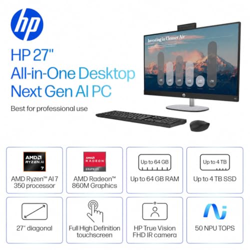 Image of HP 27 inch FHD All in One Touchscreen Desktop Computer, 64GB DDR5-5600, 2TB SSD | AMD Ryzen AI 7 350(Max 5.0 GHz), FHD IPS Display, Win 11 Pro, for Home & Office, Adjustable Height, KB & Mouse, W /AI Recorder