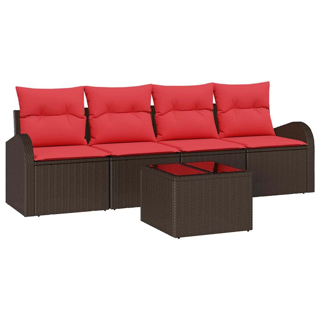 Set di 5 divani da giardino in polyrattan marrone con tavolo | Set lounge in rattan flessibile per terrazza e balcone, con morbide imbottiture e robusto tavolo in vetro.