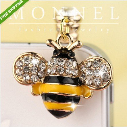 IP428-B New Yellow Crystal Bee Anti Dust Plug Cover Charm for Iphone Android 3.5mm