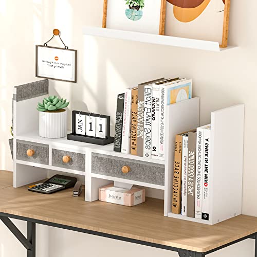 X-Cosrack E-JK-BS-WH-US Wood Expandable Desktop Bookshelf Counter Bookcase Adjustable With Drawers Desktop Shelves Rack Storage Organizer For Office Supplies,Makeup,White.Petent Pending thumb #1