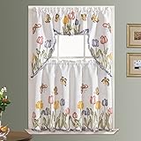 GOHD Golden Ocean Home Decor Tulip Vigor 3pcs Kitchen Cafe Curtain Set Air Brushed by Hand of Tulip and Butterfly Design on Thick Satin Fabric