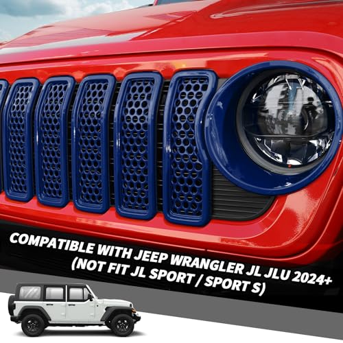 Image of 9PCS Headlight Cover & Front Grill Mesh Inserts Compatible with Jeep Wrangler JL JLU 2024-2025, NOT FIT JL Sport /Sport S (Blue)
