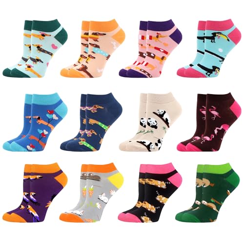 WeciBor Damen Lustige Bunte Sneaker Kurze Socken, 12 Paar Mehrfarbig Tier, Größe 39-42