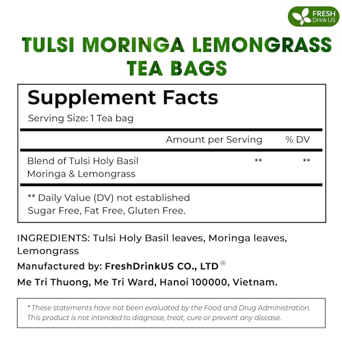 Image of FreshDrinkUS, Premium 55 Tea Bags Tulsi Moringa Lemongrass, 100% Natural & Pure from Tulsi Holy Basil Leaves, Moringa & Lemongrass. Made with Natural Material Tea Bags. No Sugar, No Caffeine, Vegan.