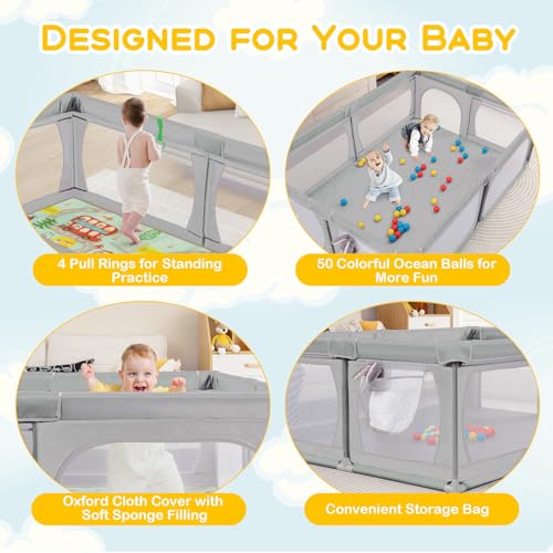 COSTWAY Baby Playpen, 206 x 147cm Extra Large Toddler Fence with Mat, Ocean Balls, Pull Rings, Breathable Mesh, Indoor Outdoor Infants Activity Play Yard for Babies and Toddlers - Image 5
