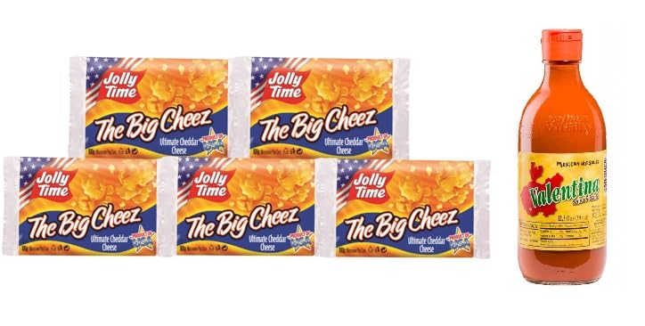 3x Jolly Time The Big Cheez Popcorn mit Cheddar-Käse-Geschmack 100 g und Salsa Valentina - die berühmteste Soße Mexikos. 370ml