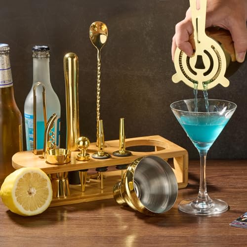 Cocktail Shaker Set Bartender Kit : 12-Piece Bar Tool Set with Bamboo Stand | Bars Set with All Practical Bar Accessories, for Drink Mixing, Bar, Home, Lounge & Party (Gold) - Image 3