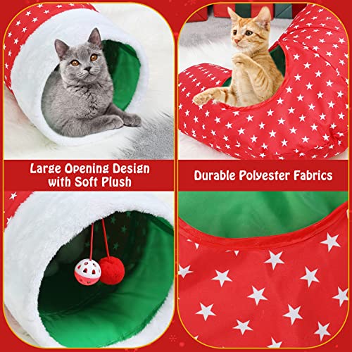 Image of Pawaboo Cat Tunnel Christmas Sock with Bell Balls, Upgraded 2 Way Cat Tunnel Interactive Toy for Christmas, Pet Xmas Stocking with Crinkle Paper & Strong Spring-Steel Frame for Cat Kitten Kitty, Red