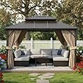 10X13 FT Hardtop Gazebo with Double Polycarbonate Roof & Aluminum Frame - Includes Netting & Curtains for Patio, Garden, Backyard Brown