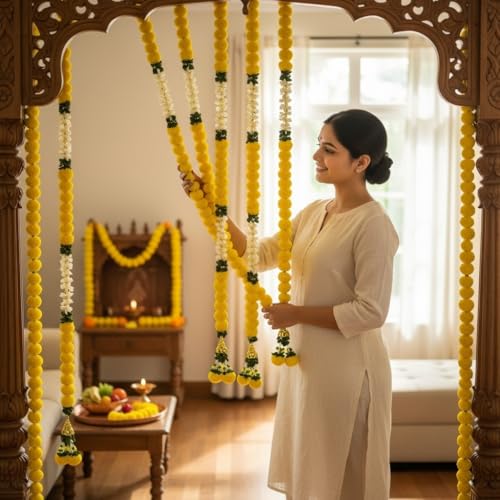 Image of iHandikart Pack of 2 Artificial Yellow Marigold Flower Garlands with White Jasmine Leaves (72 Inch) - Extra Long Decorative Floral Strings for Pooja, Temple, Wedding Backdrop, Diwali, Haldi & Mehandi