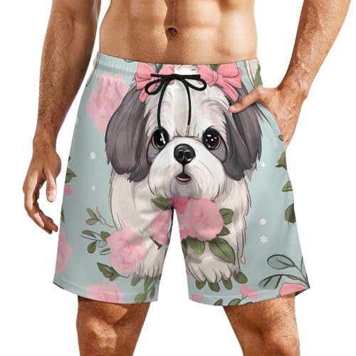 Shih Tzu Dog Men's Swim Trunks Board Shorts Quick Dry Bathing Suit Swimwear with Compression Liner