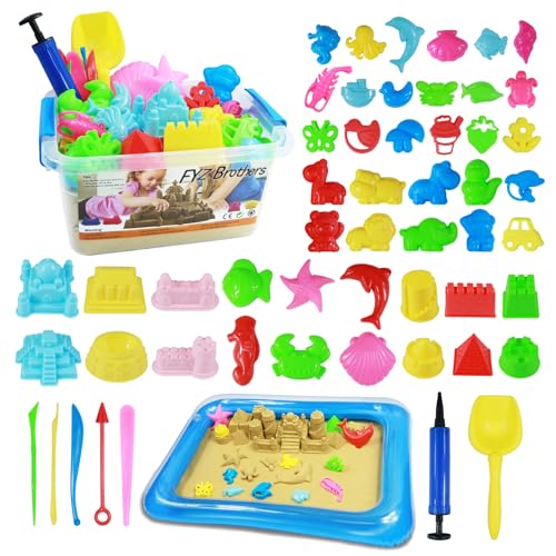Play Sand Kit, 54Pcs Sandbox Toys Set for Boys Girls, 3lbs Magic Beige Sand, Mold Tools, Inflatable Tray, Storage Box, Funny Birthday Christmas Gift
