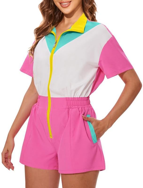 UOUA 80s Outfit Women 90s Jumpsuit Costume One-Piece Workout Track Suit Party Retro Clothing