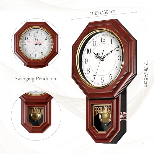 KANEODOT Regulator Wall Clock with Pendulum,Imitation Red Wood Plastic Wall Clock Battery Operated,Vintage Decorative Wall Clocks for Living Room,Farmhouse,Office,Bedroom,Kitchen,Wall Decor
