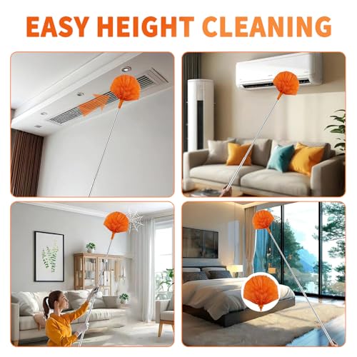 Image of Cobweb Duster with Extension Pole,Cleaner Outdoor 110 inch Telescoping Extended Sspider Brush, Dusting Kit,Long Handle Reach for High Ceilings and Fans,Microfiber Webster Remover Tools Feather Dusters