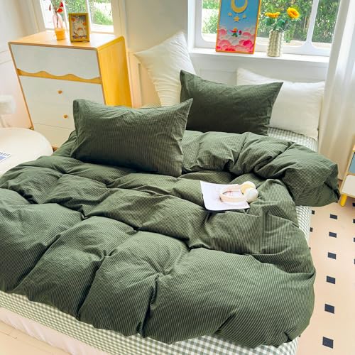 Image of PinkMemory Green Striped Duvet Cover King 100% Washed Cotton Olive Green Stripes Duvet Cover Set 3pcs Pinstripe Pattern Bedding Set with Zipper Closure Corner Ties,Soft Breathable