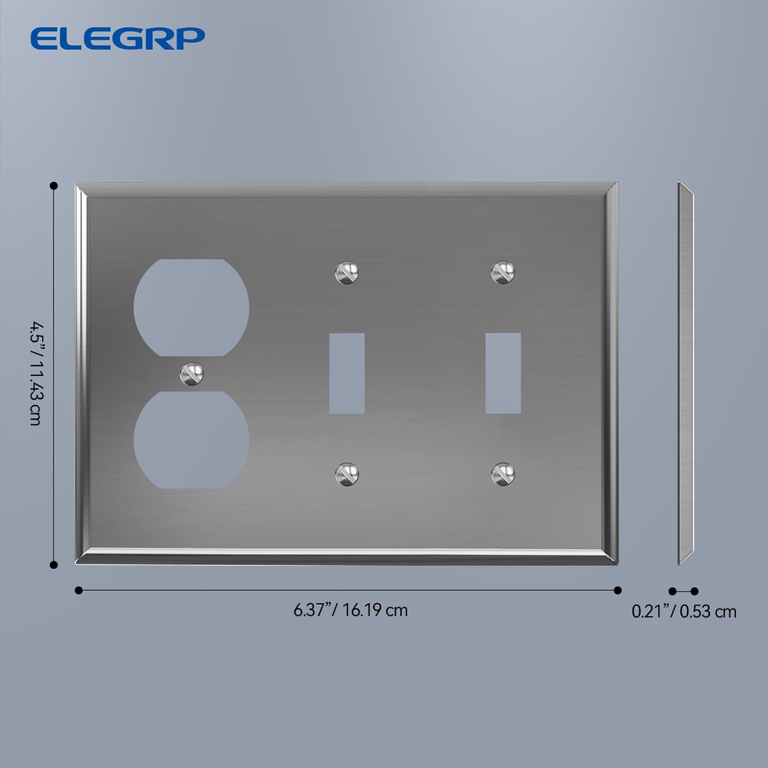 ELEGRP Stainless Steel 3-Gang 2-Toggle Light Switch 1-Duplex Receptacle Outlet Combination Wall Plate Cover, Standard Size Metal Faceplate Cover, ETL Listed, 1 Pack