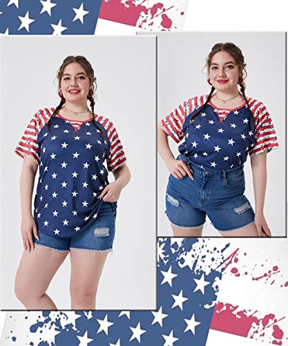 Image of CARCOS Plus Size Tops for Women Short Sleeve Raglan Striped Tee Color Block Crewneck /V Neck Tunic Loose Fit Summer XL-5XL