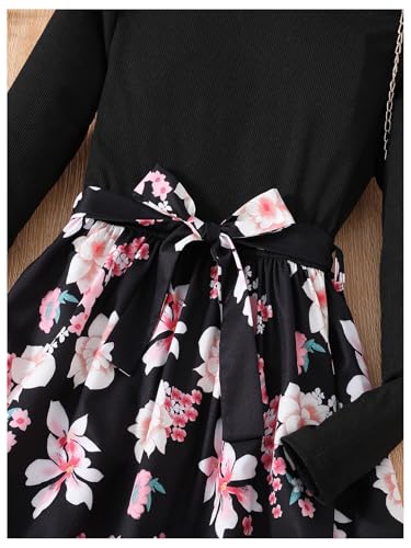 MakeMeChic Girl's Floral Print Long Sleeve Flared Midi Dress Crew Neck Belted Dresses4