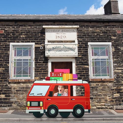 Amyhill 4.7 Feet on the Road VBS Red Van Cardboard Cutout Stand up Life Size Sunday School Backdrop Decor Christian Road Trip Party Decoration Photo Props Standup for Religious Church VBS Party Decor by Amyhill - Used condition - Image 6