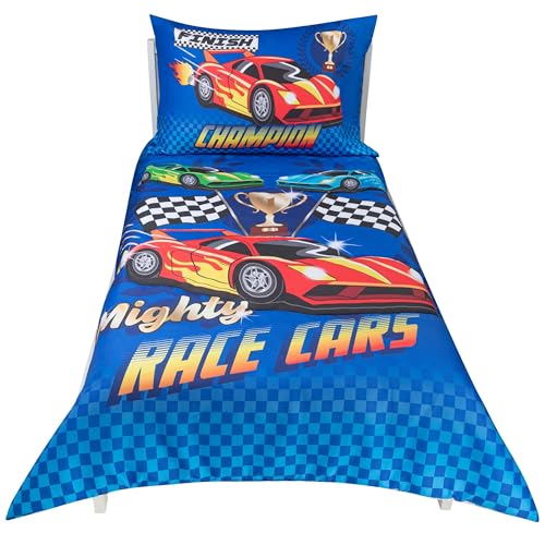Image of Todays Kids 4-Piece Race Cars Toddler Bedding Set for Boys - Toddler Bed Sheets and Comforter Set with Reversible Comforter & Pillowcase, Flat Sheet, Fitted Sheet, Breathable & Super Soft Microfiber