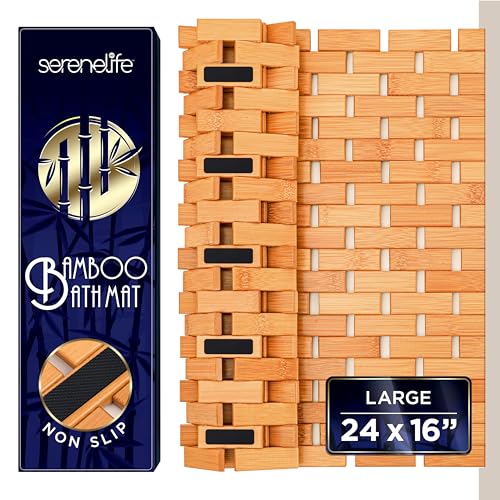 SereneLife Bamboo Bath and Shower Mat, Non-Slip Floor Mat with