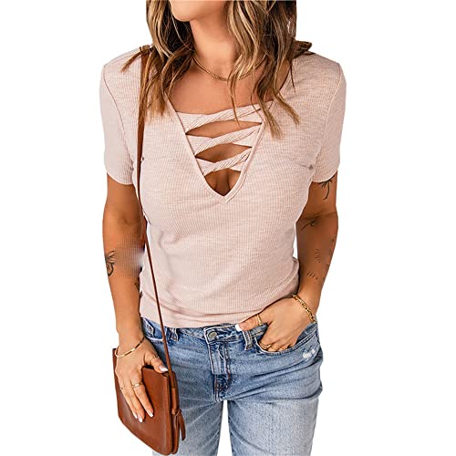 Womens Cutout Deep V Neck Ribbed T-Shirt Solid Color Hollow Short Sleeve Tops Soft Comfy Slim Fit Tee Shirts (X-Large,Pink)